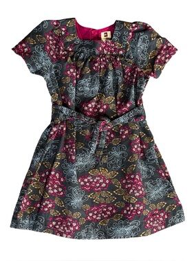 Tea Collection Kazari Floral Girls Size 4 Dress Green Pink Flowers Front Tie